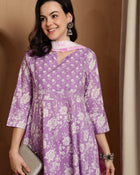Lavender Bloom Floral Printed Notch Neck Pure Cotton Anarkali Kurta & Trousers With Dupatta