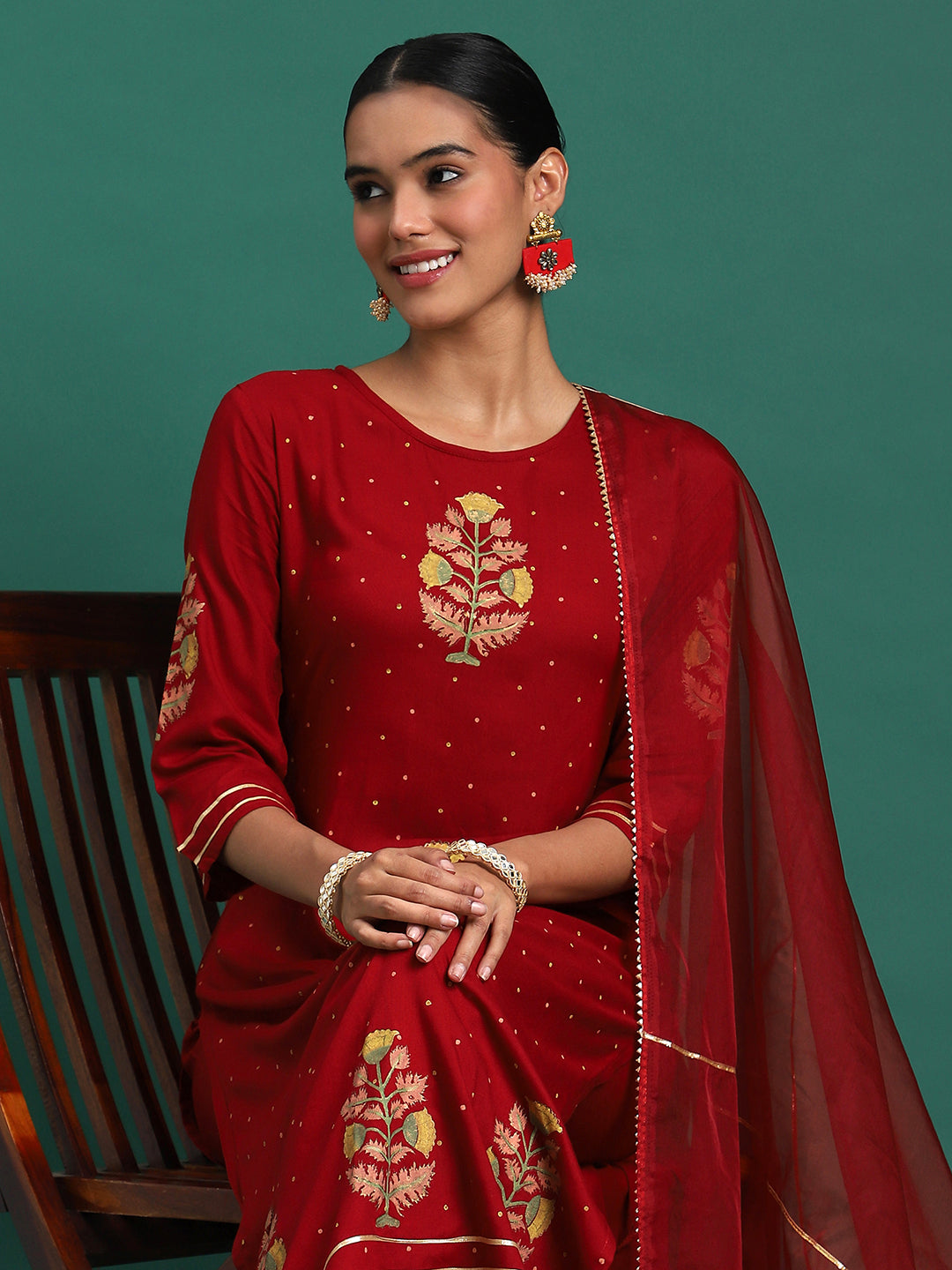 Scarlet Majesty Embroidered 3-Piece Kurta Trouser & Dupatta Set
