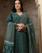 Meher Floral Printed Mirror Work Pure Cotton Straight Kurta Set with Trousers & Dupatta