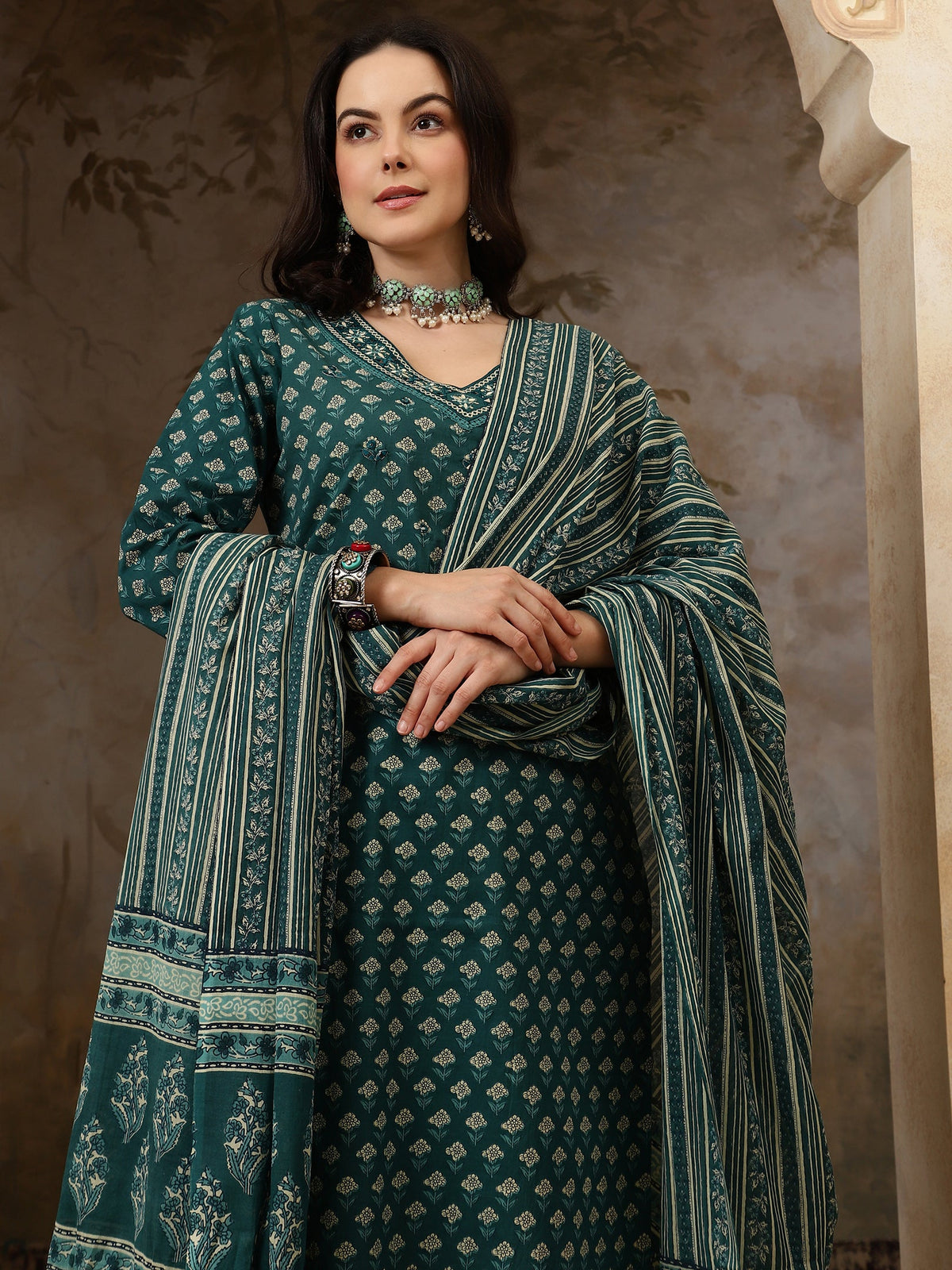 Meher Floral Printed Mirror Work Pure Cotton Straight Kurta Set with Trousers & Dupatta