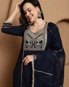 Ebon Weave Floral Embroidered Straight Kurta & Trousers With Dupatta