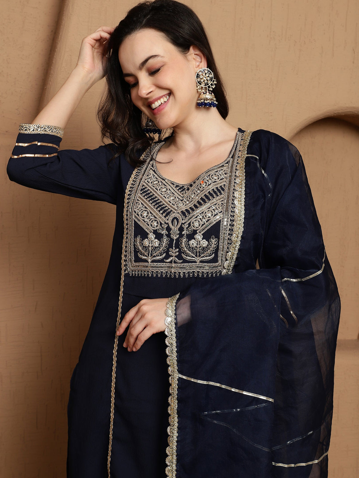 Ebon Weave Floral Embroidered Straight Kurta & Trousers With Dupatta