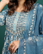 Bluebell Charm Floral Printed Gotta Patti Pure Cotton A-Line Kurta With Trouser & Dupatta Set