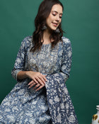 Blue Printed Thread Work Pure Cotton Empire A-Line Kurta with Trousers & Dupatta