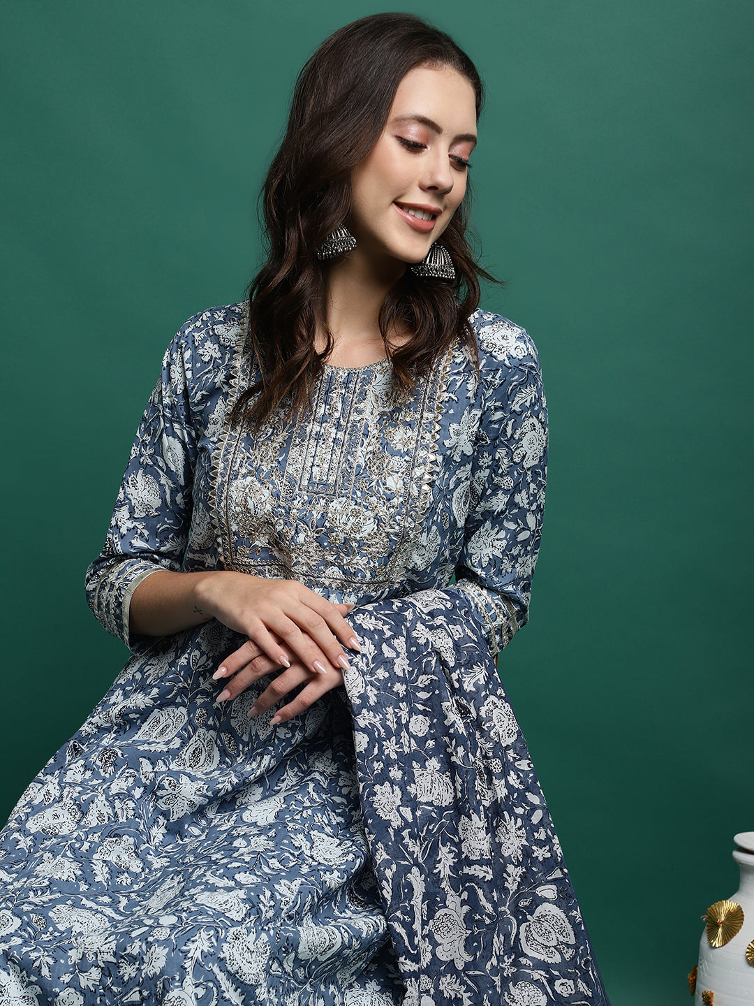 Blue Printed Thread Work Pure Cotton Empire A-Line Kurta with Trousers & Dupatta