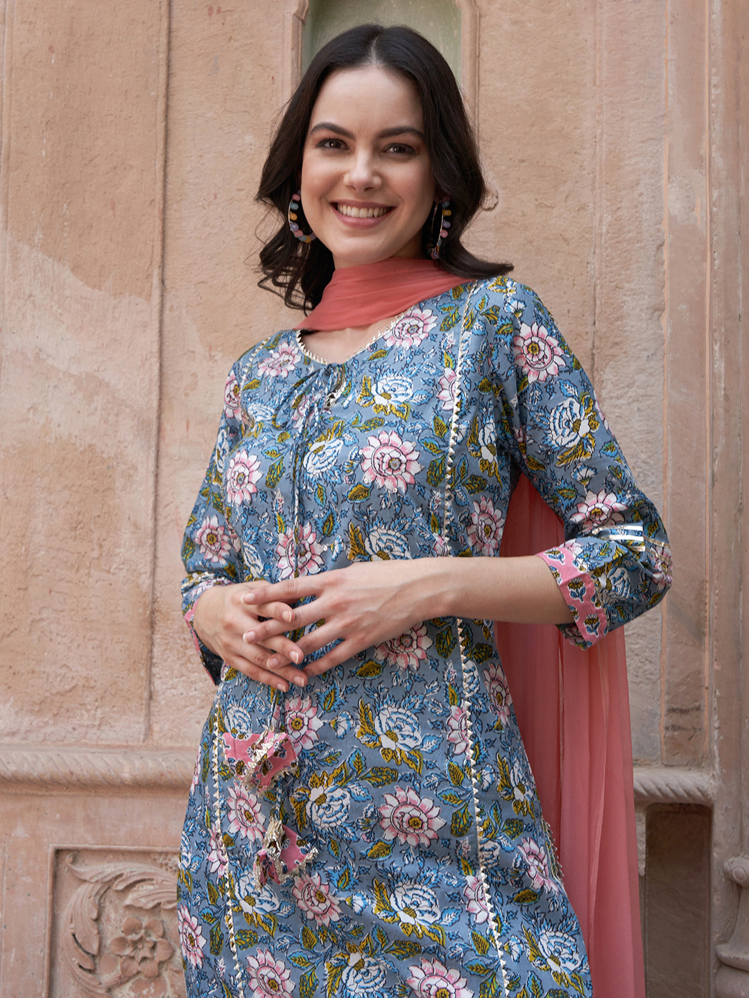 Blue Floral Gotta Patti Kurta Set – Cotton with Dupatta