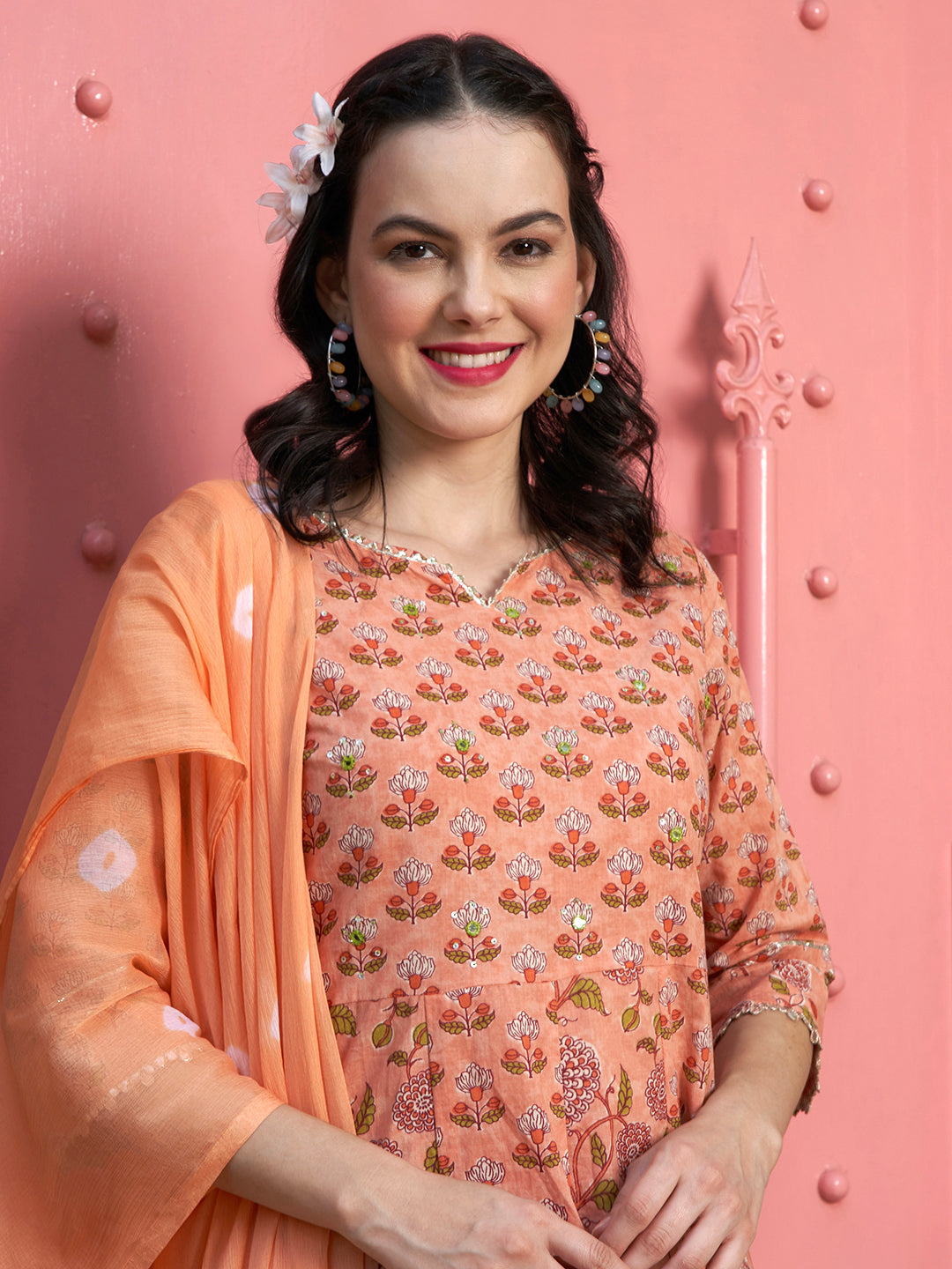Peach Blossom Floral Printed Cotton Kurta Pant with Dupatta Set  Ethnic Wear for Women
