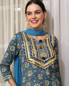 Aqua Bloom Turquoise Cotton Printed Kurta Pant with Dupatta Set Ethnic Wear for Women
