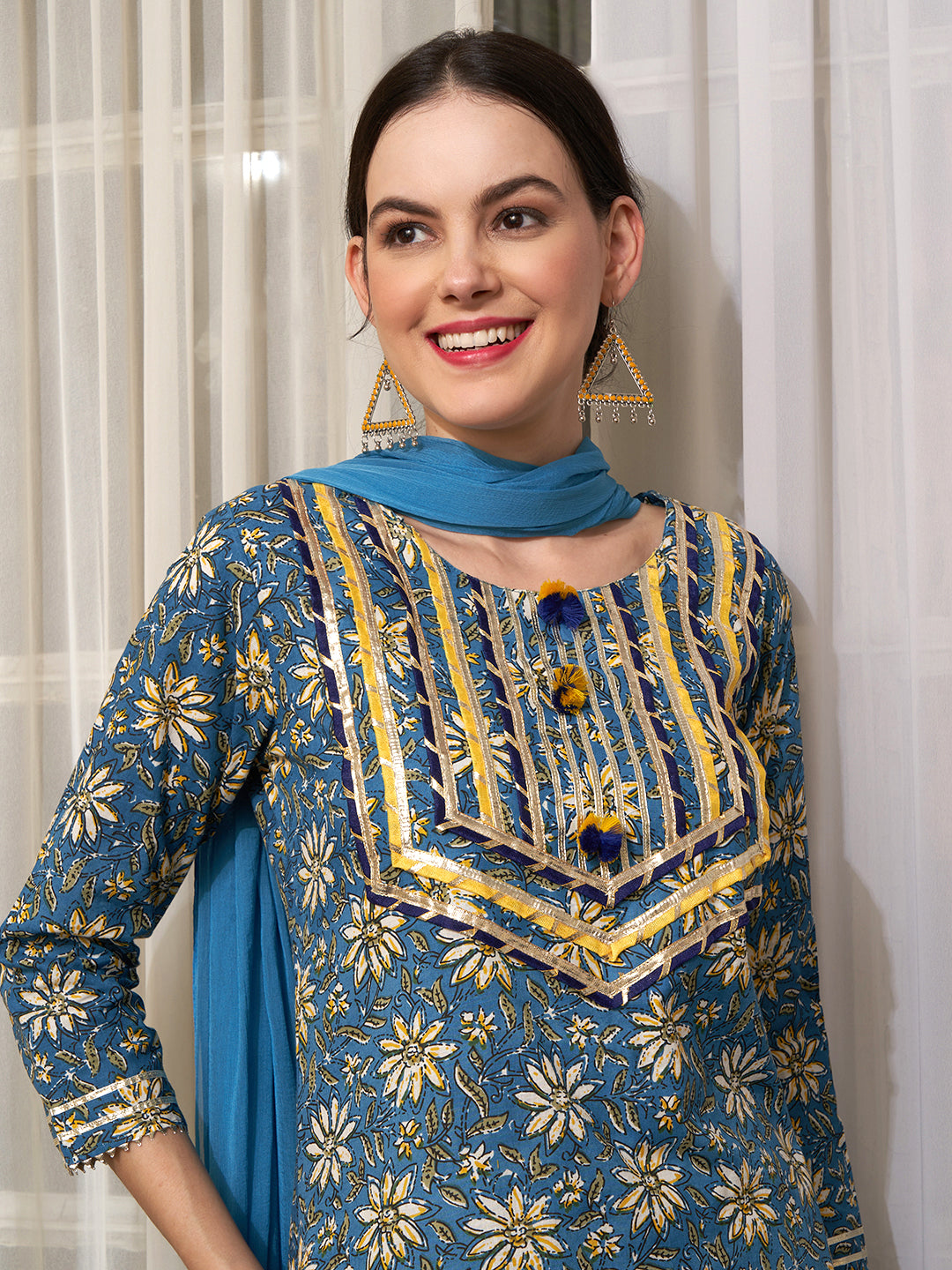 Aqua Bloom Turquoise Cotton Printed Kurta Pant with Dupatta Set Ethnic Wear for Women