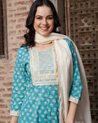 Ocean Mist Turquoise Cotton Printed Kurta Pant with Dupatta Set  Ethnic Wear for Women