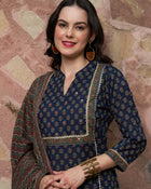 Moonlit Indigo Cotton Printed Kurta Pant with Dupatta Set Ethnic Wear for Women