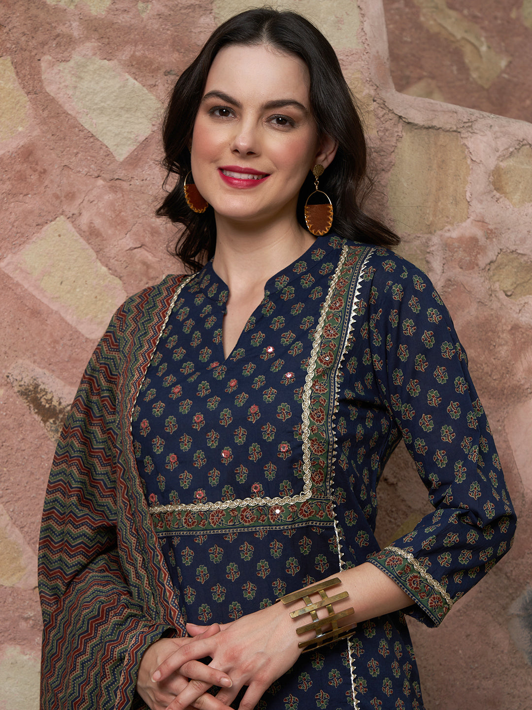Moonlit Indigo Cotton Printed Kurta Pant with Dupatta Set Ethnic Wear for Women