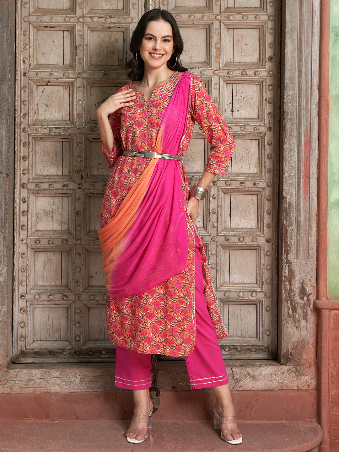 Orange Gotta Patti Straight Kurta Set – Cotton with Dupatta