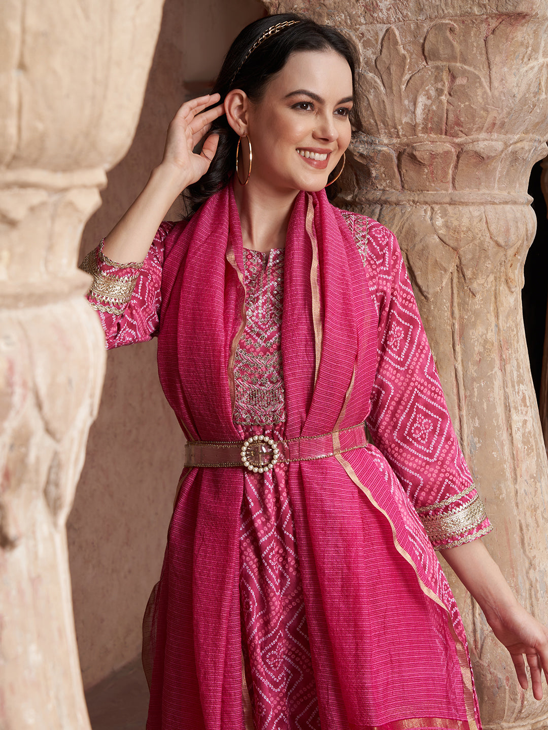 Bandhani Bloom Pink Printed Kurta Pant with Dupatta Set