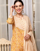 Saffron Spring Yellow Floral Printed Cotton Kurta Pant with Dupatta Set Ethnic Wear for Women