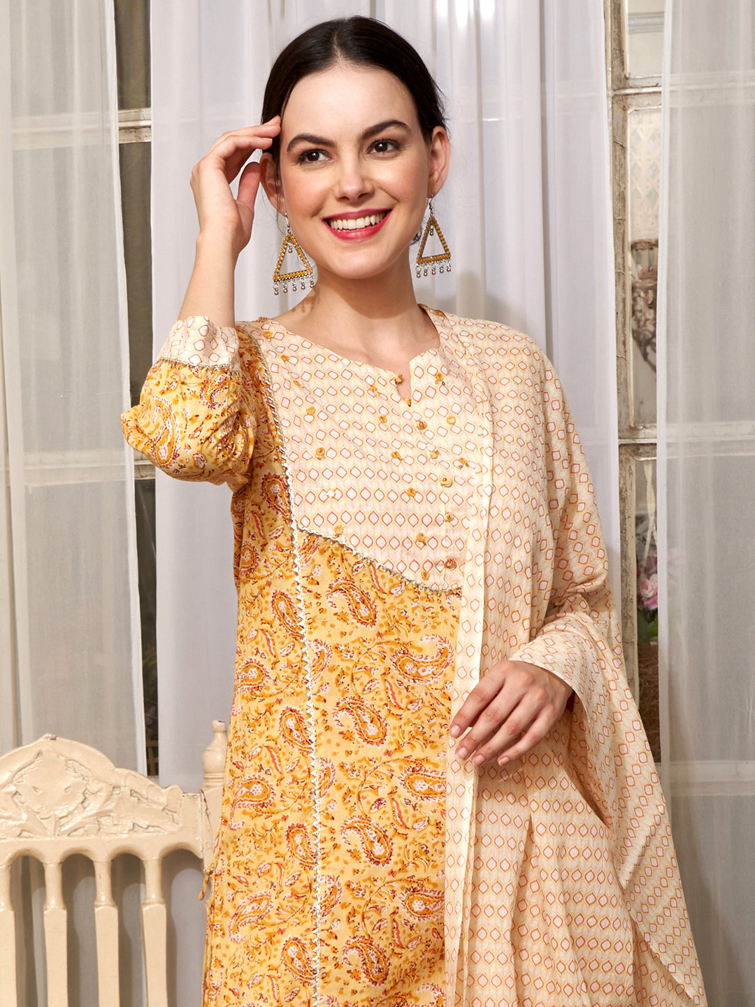 Saffron Spring Yellow Floral Printed Cotton Kurta Pant with Dupatta Set Ethnic Wear for Women
