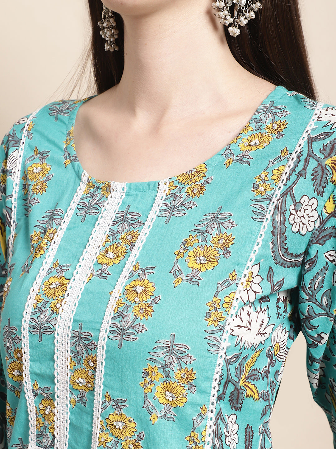 Aqua Bloom Floral Printed Kurta Pant Dupatta Set