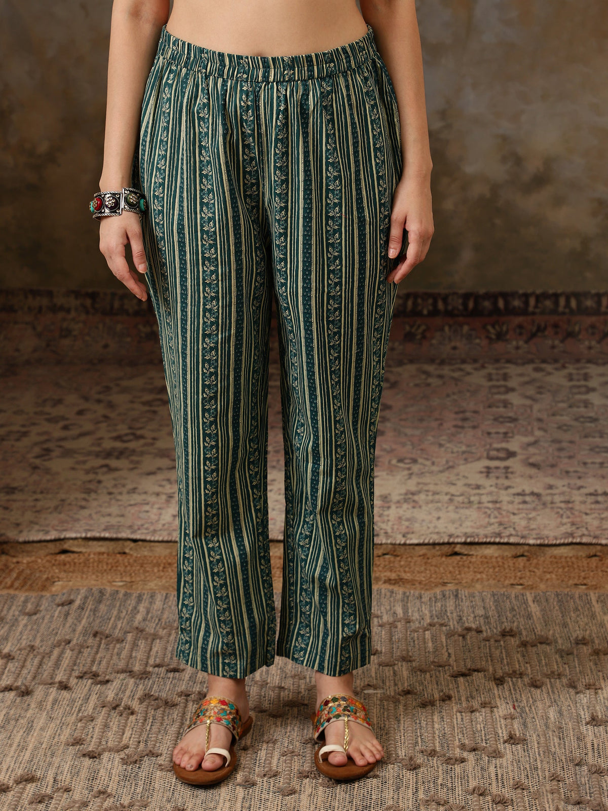 Meher Floral Printed Mirror Work Pure Cotton Straight Kurta Set with Trousers & Dupatta
