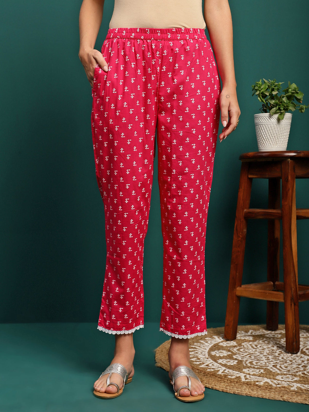 Rosy Veil Printed Pure Cotton Straight Kurta With Trouser & Dupatta Set