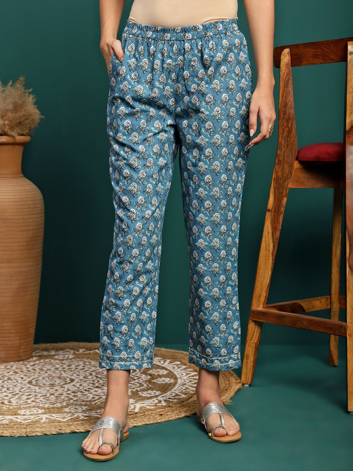 Bluebell Charm Floral Printed Gotta Patti Pure Cotton A-Line Kurta With Trouser & Dupatta Set