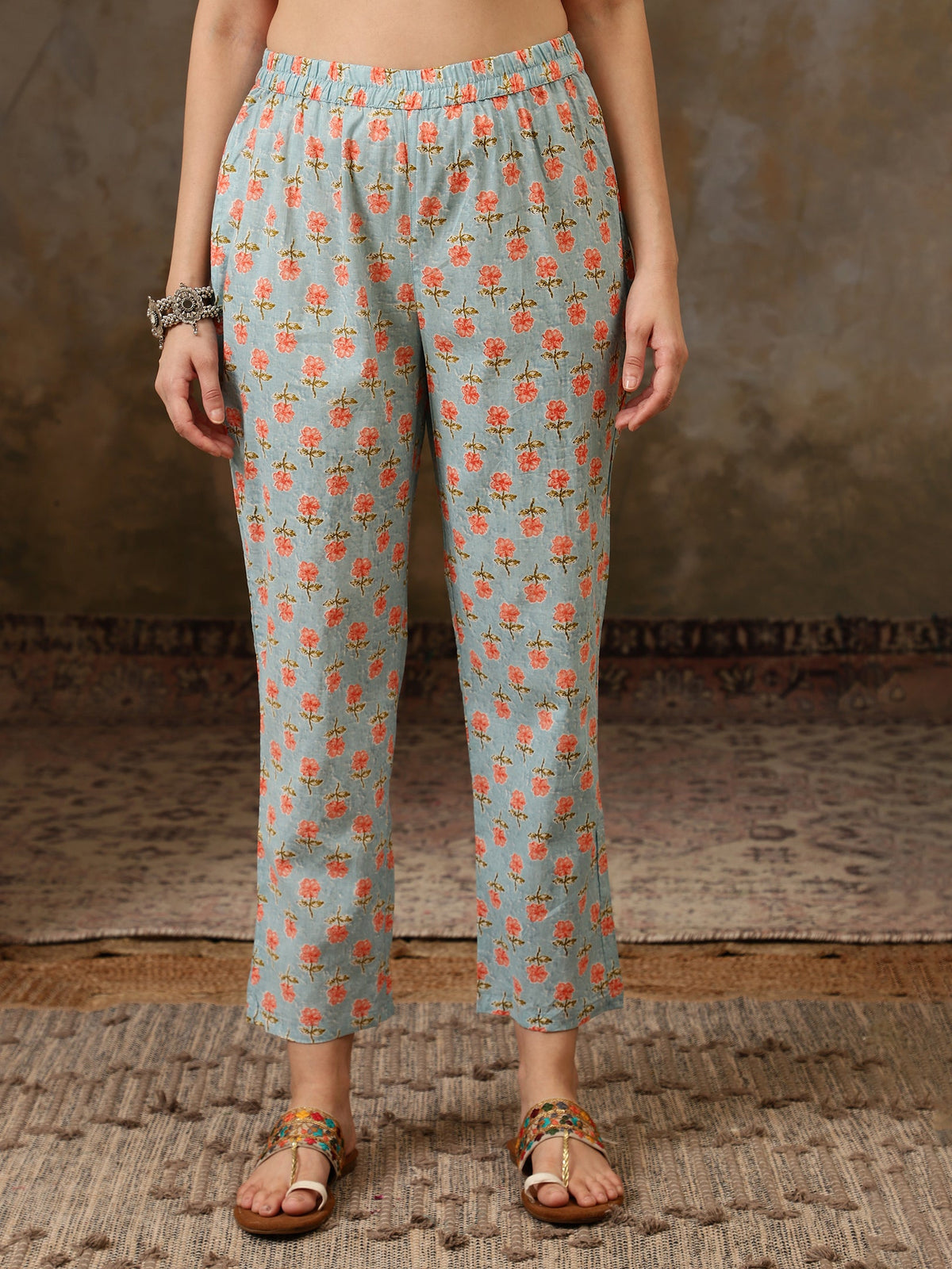 Neelika Floral Printed Blue Cotton Kurta with Trousers & Dupatta