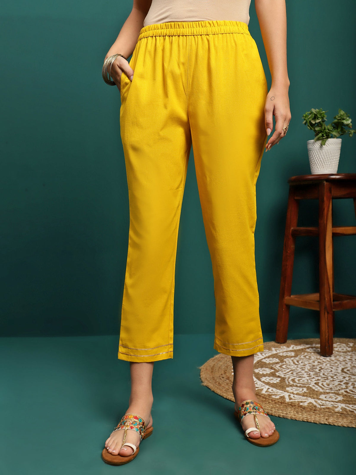Golden Thread Embroidered Round-Neck Straight Kurta With Trousers & Dupatta