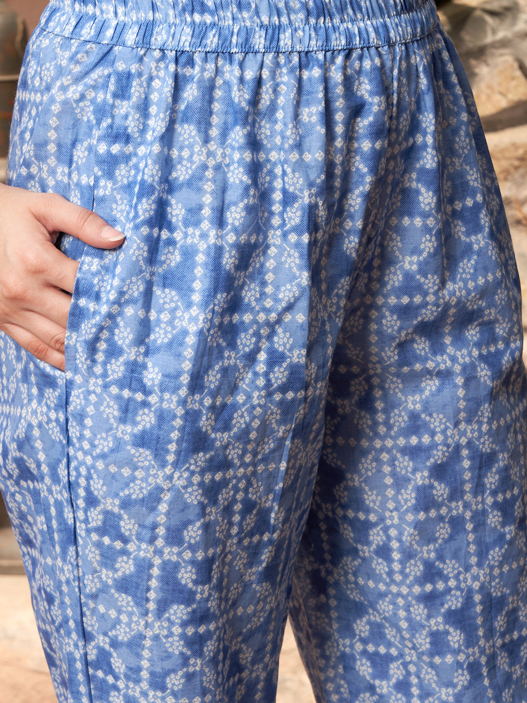 Indigo Drape Bandhej Printed Kurta Pant Dupatta Set