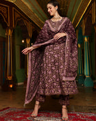 Purple Floral Printed Pure Cotton Anarkali Kurta & Trouser With Dupatta