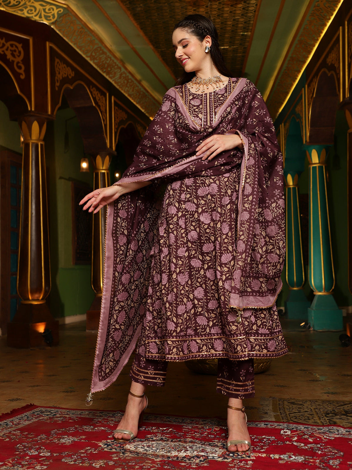 Purple Floral Printed Pure Cotton Anarkali Kurta & Trouser With Dupatta