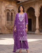 Royal Lavender – Embroidered Straight Kurta Pant with Dupatta Set