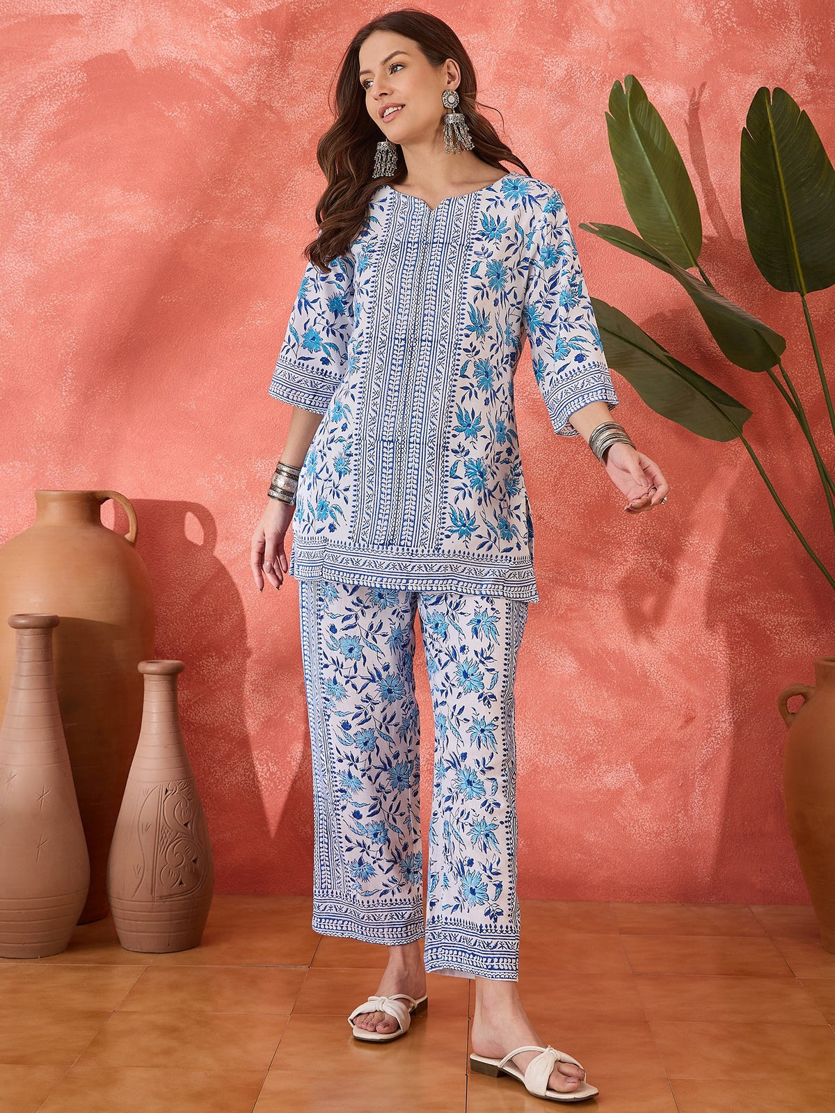 Indira Block Printed Pure Cotton Top with Trouser Co-ord Set