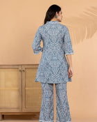 aunlabel Women's Grey Muslin Printed Co-Ord Set | V-Neck Flared Kurti with Straight Pants