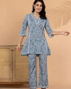 aunlabel Women's Grey Muslin Printed Co-Ord Set | V-Neck Flared Kurti with Straight Pants