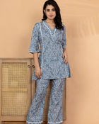 aunlabel Women's Grey Muslin Printed Co-Ord Set | V-Neck Flared Kurti with Straight Pants