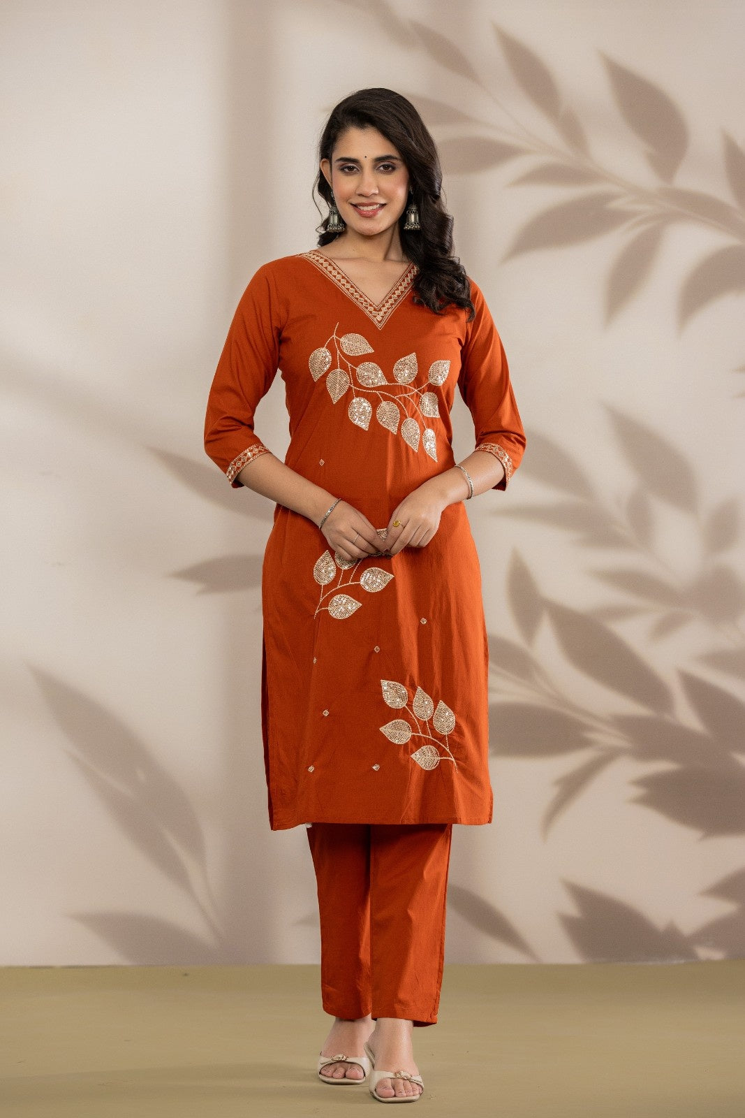 aunlabel Luxe Rust Embroidered Kurta Set with Dupatta