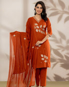 aunlabel Luxe Rust Embroidered Kurta Set with Dupatta
