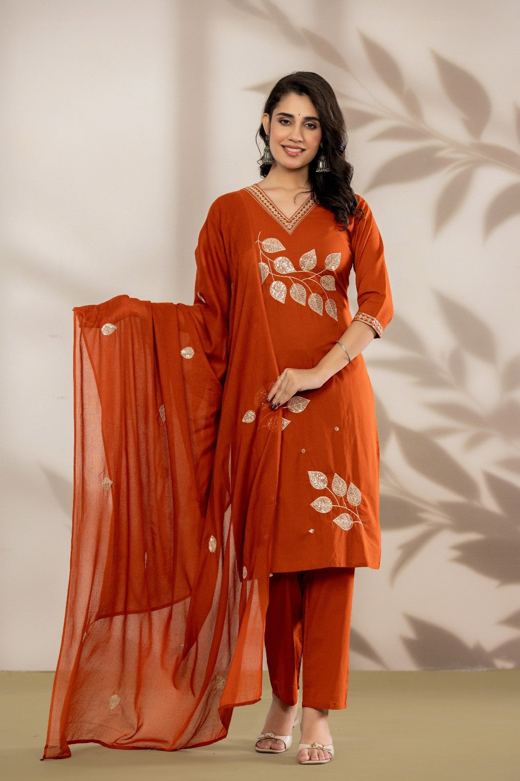 aunlabel Luxe Rust Embroidered Kurta Set with Dupatta