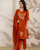 aunlabel Luxe Rust Embroidered Kurta Set with Dupatta