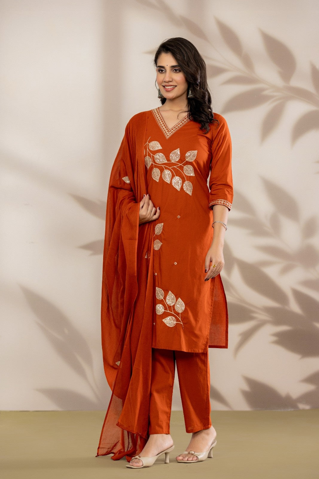 aunlabel Luxe Rust Embroidered Kurta Set with Dupatta