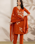 aunlabel Luxe Rust Embroidered Kurta Set with Dupatta