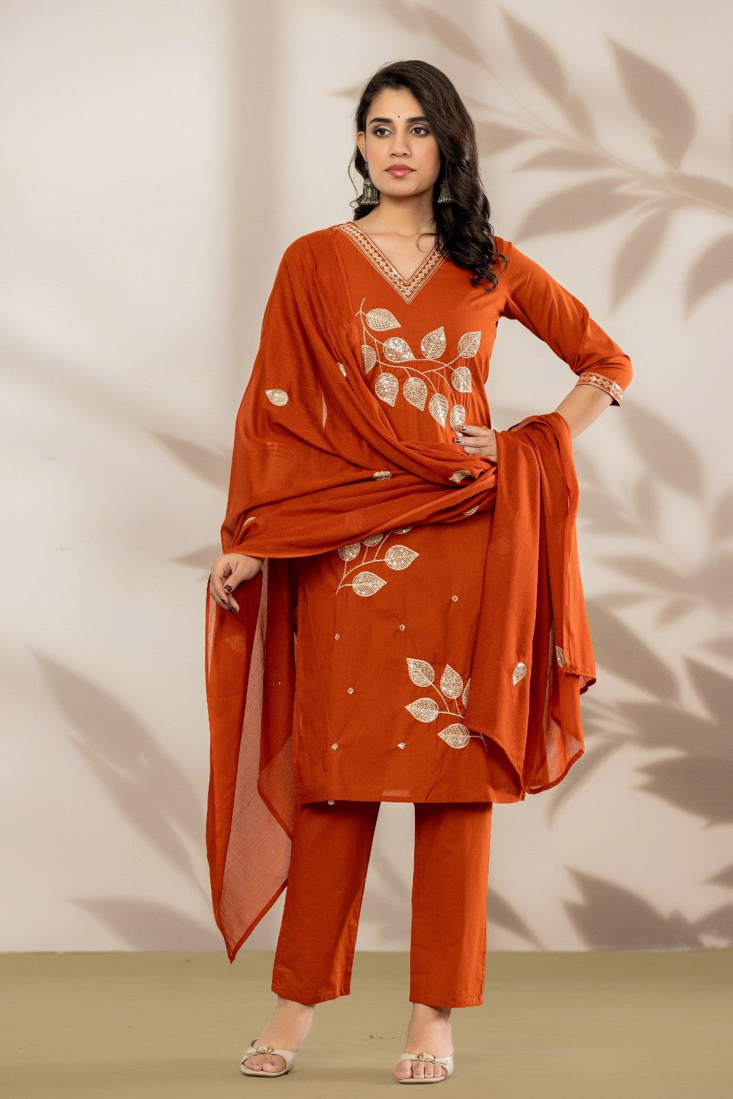 aunlabel Luxe Rust Embroidered Kurta Set with Dupatta