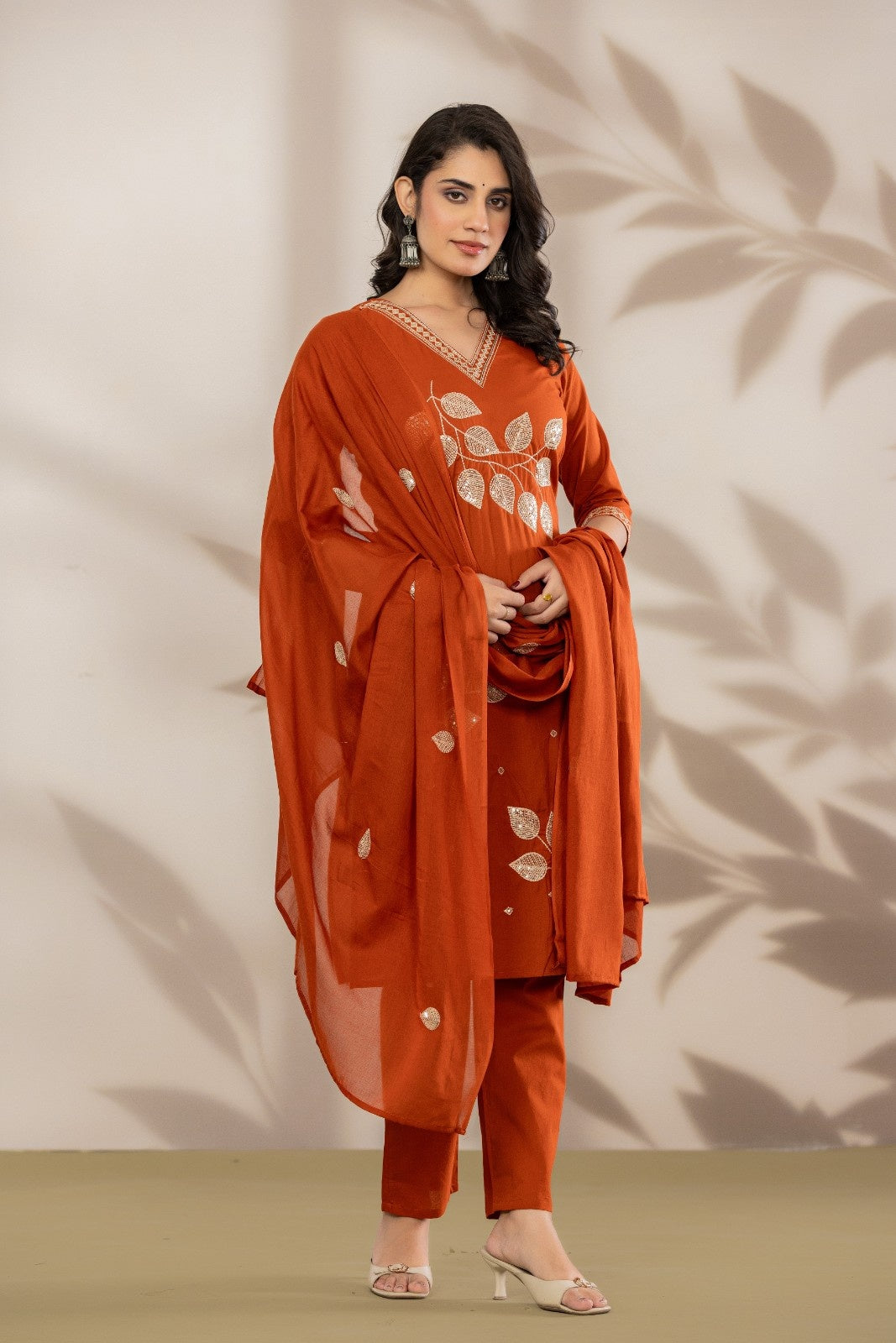 aunlabel Luxe Rust Embroidered Kurta Set with Dupatta