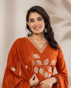 aunlabel Luxe Rust Embroidered Kurta Set with Dupatta