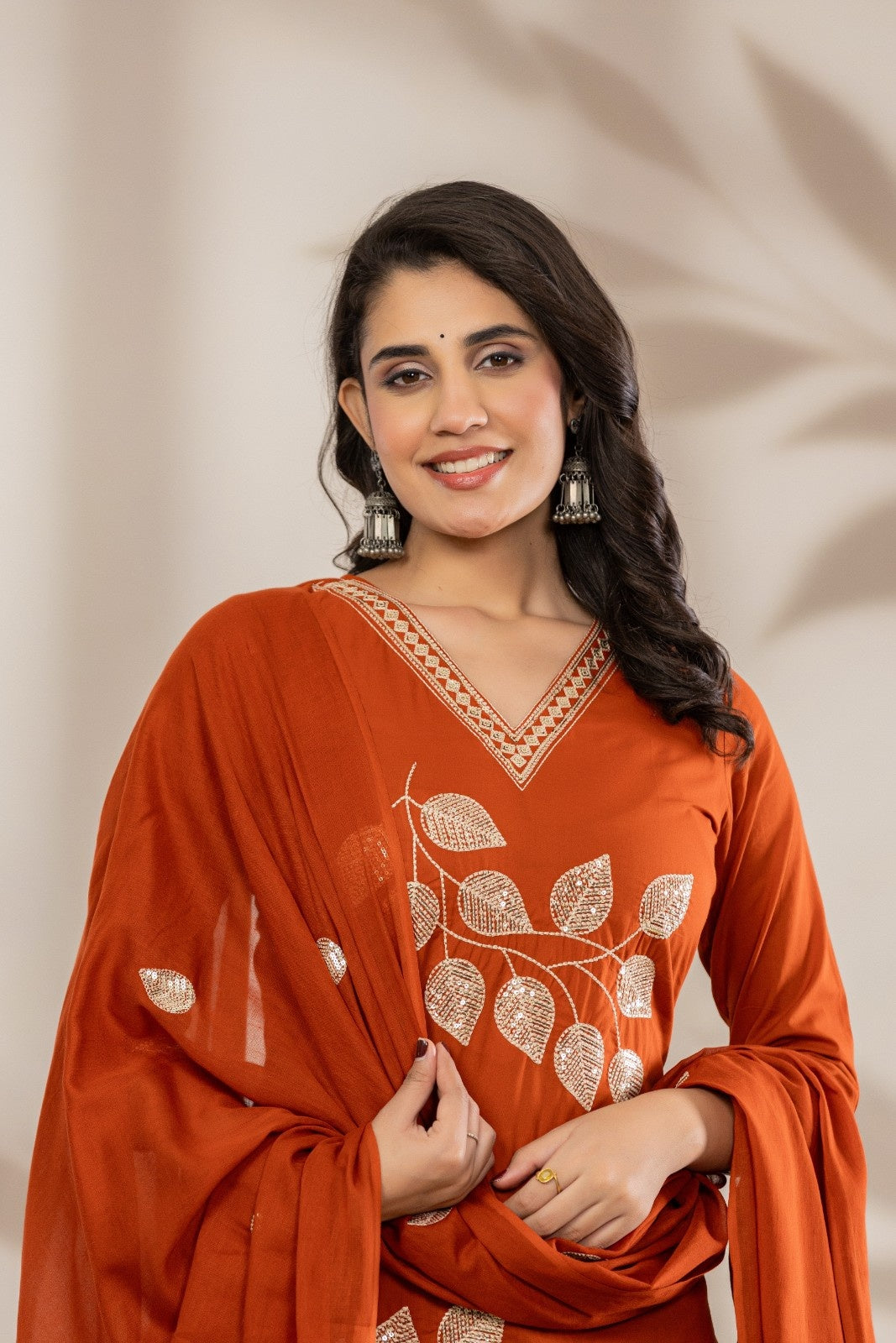 aunlabel Luxe Rust Embroidered Kurta Set with Dupatta