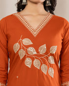 aunlabel Luxe Rust Embroidered Kurta Set with Dupatta