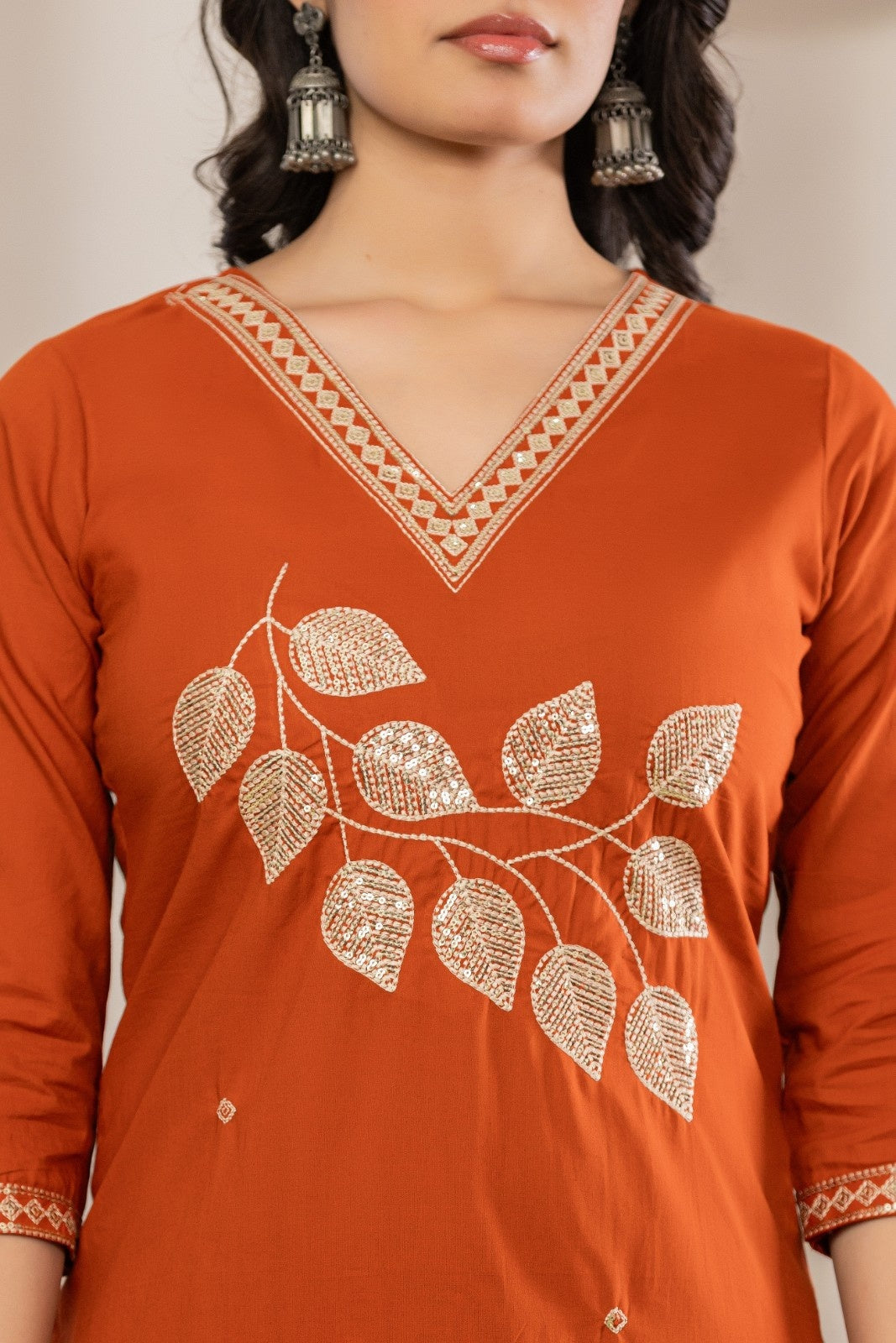 aunlabel Luxe Rust Embroidered Kurta Set with Dupatta