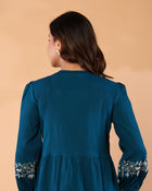 Women Teal Blue Floral Embroidered Peplum Top