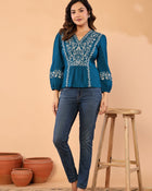 Women Teal Blue Floral Embroidered Peplum Top