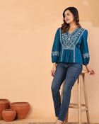 Women Teal Blue Floral Embroidered Peplum Top