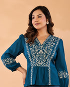Women Teal Blue Floral Embroidered Peplum Top